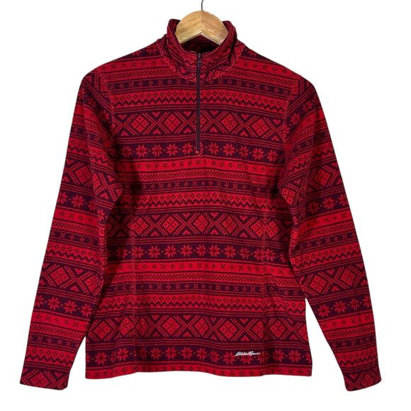 Eddie Bauer Fleece Pullover Womens S Red Fair Isle 1/4 Zip Snowflake Holiday - Picture 1 of 6